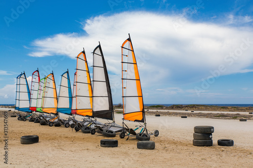 Obraz na plátně Race track on coast with blokarts in a row