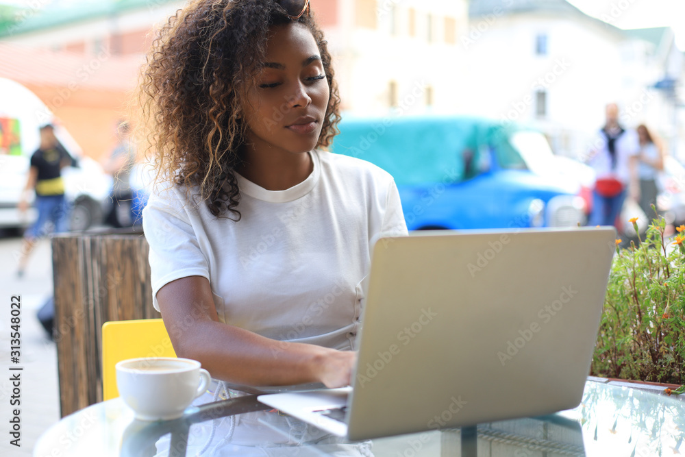 Attractive woman using laptop in cafe. Concept of entrepreneur, businesswoman, freelance worker. Attractive woman using laptop in cafe. Concept of entrepreneur, businesswoman, freelance worker.