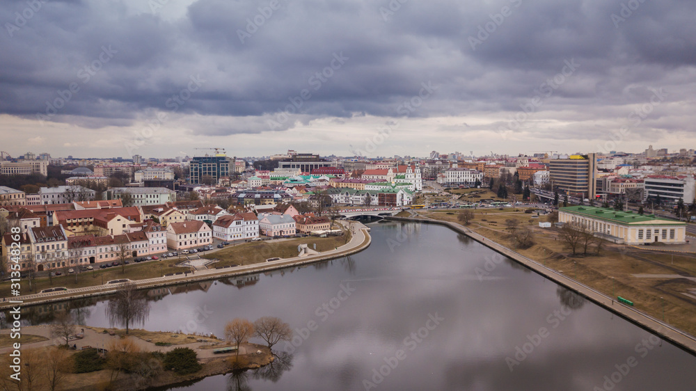 Aerial view on Trinity or Troitskoe suburb in Minsk. Historical building of the city. Travel concept.