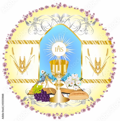 composition with characteristic symbols of holy communion in the shape of a circle