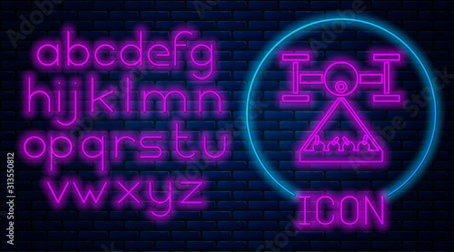 Glowing neon Smart farm with drone control collects harvest icon isolated on brick wall background. Innovation technology for agricultural company. Neon light alphabet. Vector Illustration