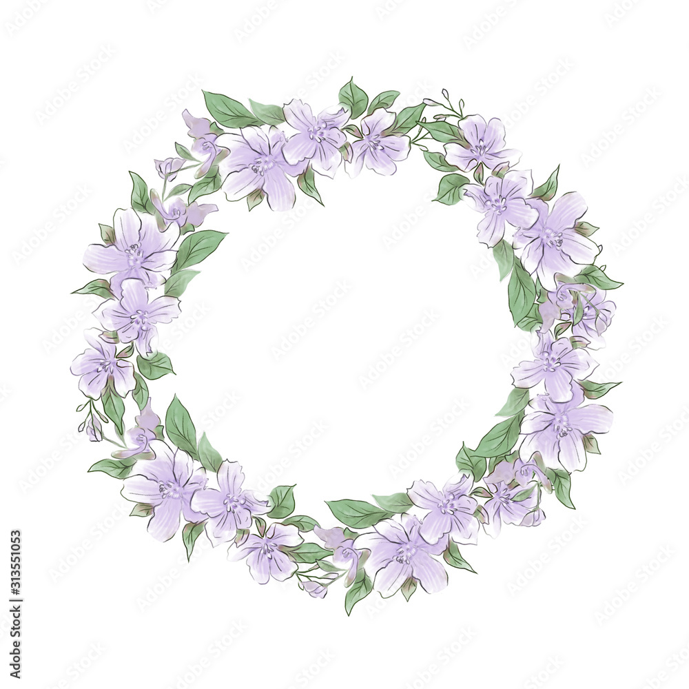 Watercolor tender wreath of lilac flowers