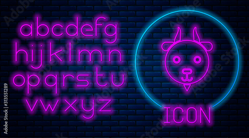 Glowing neon Aries zodiac sign icon isolated on brick wall background. Astrological horoscope collection. Neon light alphabet. Vector Illustration