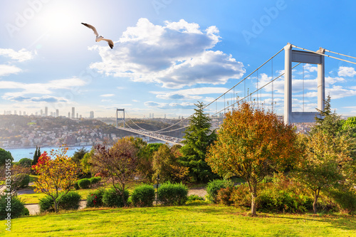 Sunny day in Otagtepe park, view on the Second Bosphorus Bridge, Istanbul, Turkey photo