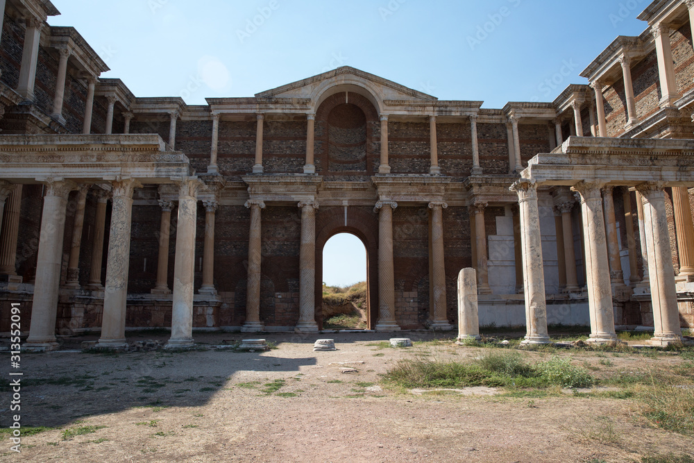 Sardes Ancient City which has gymnasium and synagogue ruins and columns in Salihli, Manisa, Turkey.