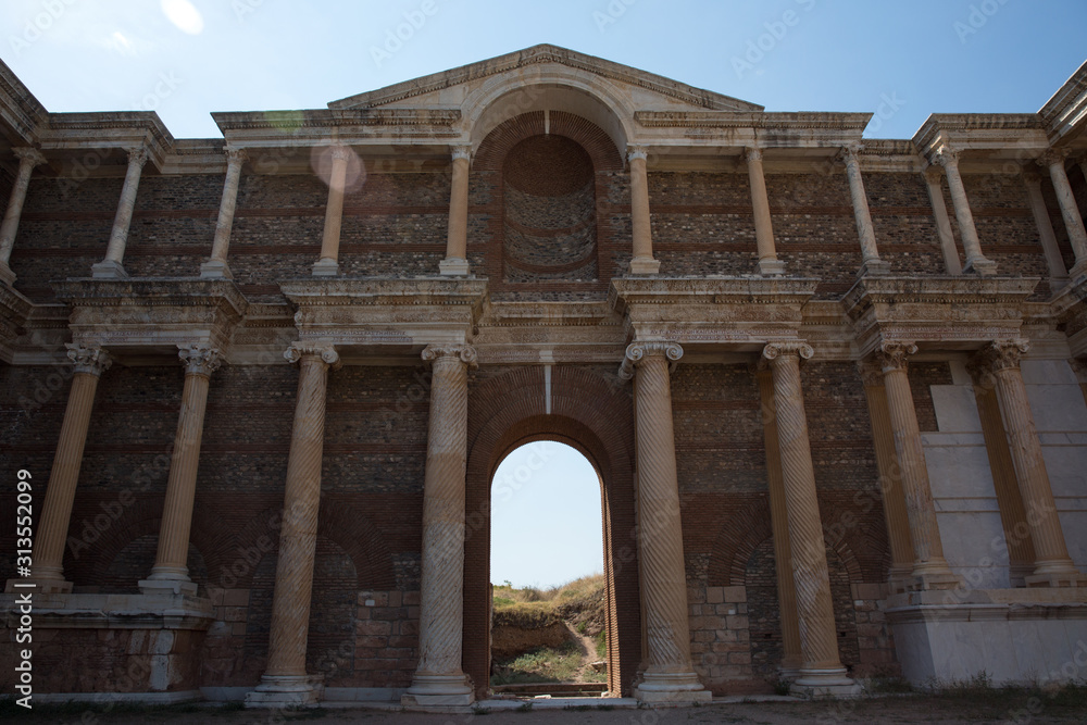 Sardes Ancient City which has gymnasium and synagogue ruins and columns in Salihli, Manisa, Turkey.