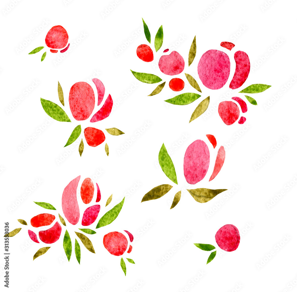 Set of simple small bouquets of roses, minimalism isolated on a white background. Watercolor illustration, handmade. Set of simple small bouquets of roses, minimalism isolated on a white background. Watercolor illustration, handmade.