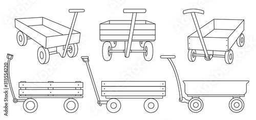 Garden cart line vector illustration on white background. Farm wheelbarrow line set icon.Vector illustration set icon equipment of garden cart.