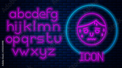 Glowing neon Man with excessive sweating icon isolated on brick wall background. Neon light alphabet. Vector Illustration
