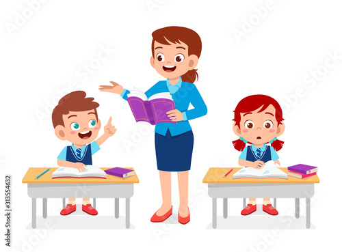 happy cute kids boy and girl study with teacher