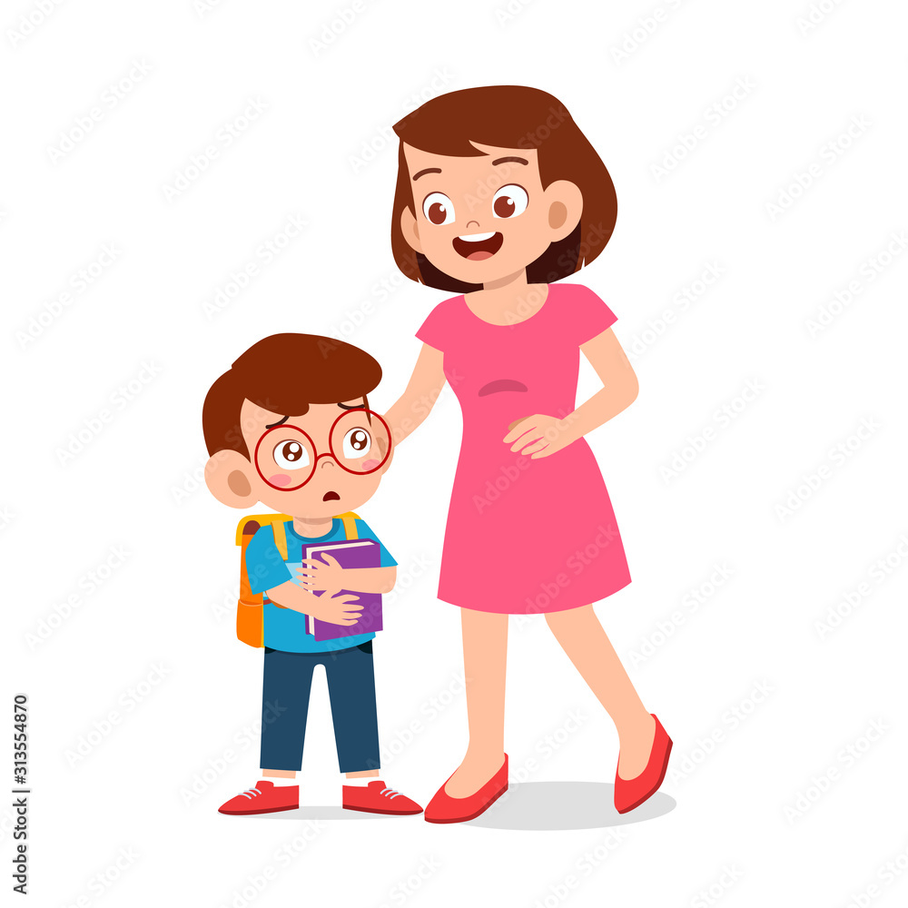 happy cute kid boy first day school with mother