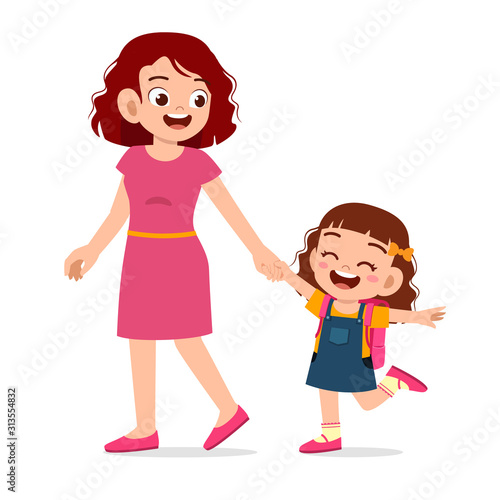 happy cute kid girl first day school with mother