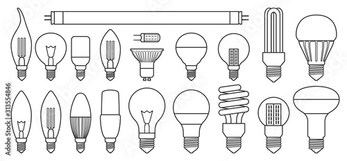 Halogen bulb line vector set icon. Illustration of isolated line icon halogen of light lamp. Isolated set electric and fluorescent bulb.