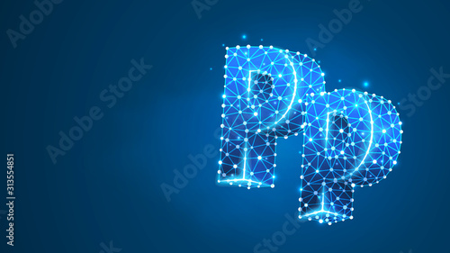 Alphabet letter P. Design of an Uppercase and lowercase letters. Banner, template or a pattern. Abstract digital wireframe, low poly mesh, vector blue neon 3d illustration. Triangle, line dot