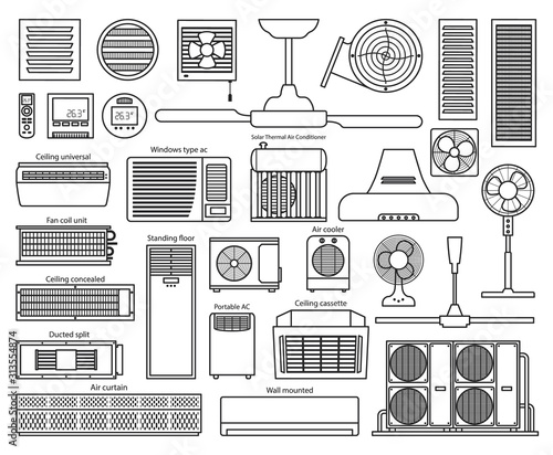 Air ventilator line vector set icon.Vector illustration icon of ventilator equipment.Isolated line set of air fan system.