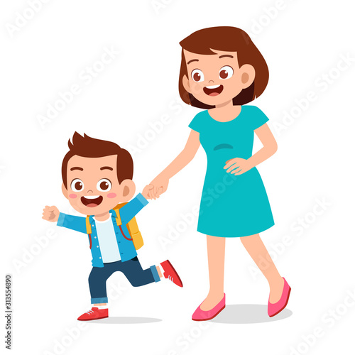 happy cute kid boy first day school with mother