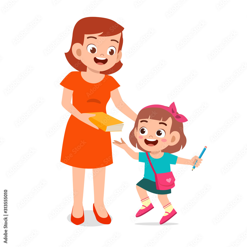 happy cute kid girl prepare to go to school with mom happy cute kid girl prepare to go to school with mom