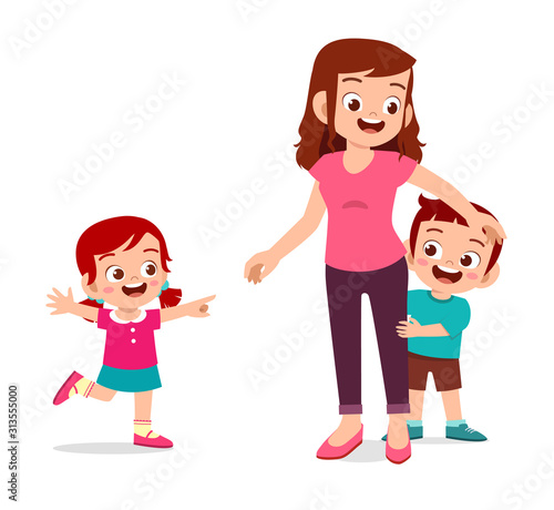 happy cute kids girl and boy play with mom