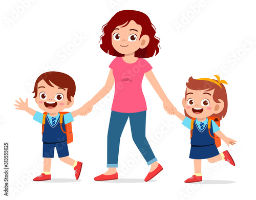 happy cute kids boy and girl go to school with mom