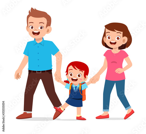 happy cute kid girl go to school with mom and dad
