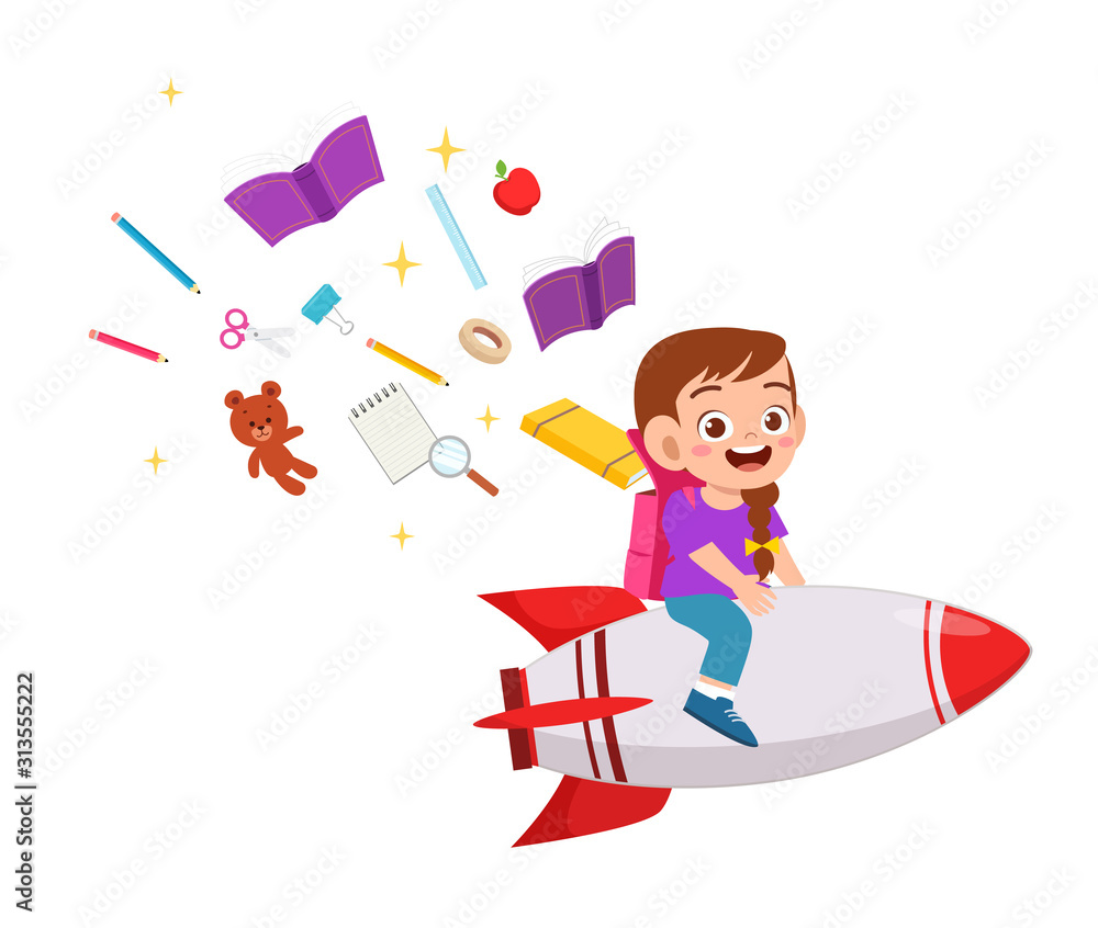 happy cute kid boy ride rocket to success