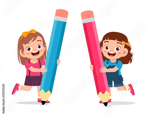 happy cute kid girl holding big pencil