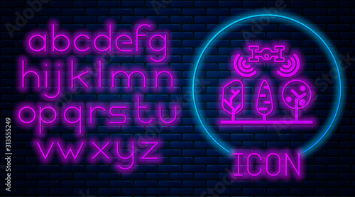 Glowing neon Smart farm with drone control and tree icon isolated on brick wall background. Innovation technology for agricultural company. Neon light alphabet. Vector Illustration