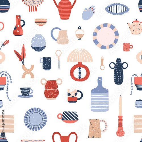 Ceramic tableware flat vector seamless pattern. Stylish handcrafted pottery texture. Modern decorative kitchen accessories illustrations. Creative fabric, wallpaper, wrapping paper design.