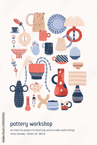 Pottery workshop advertising poster vector template. Modern ceramics, clay crockery flat illustration. Pottery lesson, ceramic studio, handmade master class invitation design layout.