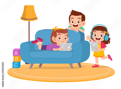 happy cute kids boy and girl use smartphone