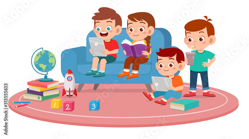 happy cute kids boy and girl use smartphone