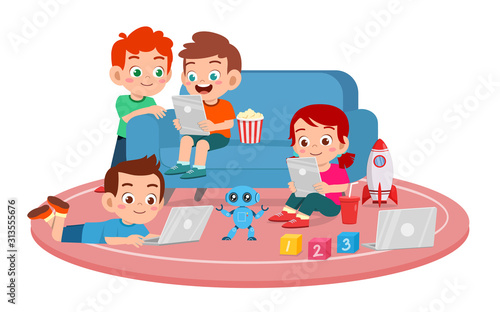 happy cute kids boy and girl use smartphone