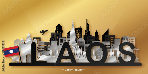Travel Laos panorama postcard, poster, tour advertising of world famous landmarks in paper cut style. Vectors illustrations