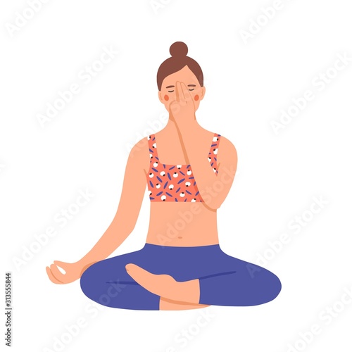 Girl practicing pranayama. Young woman use special breathing technique. Character doing yoga in lotus position. Relaxation and breath control. Colorful vector illustration in flat cartoon style
