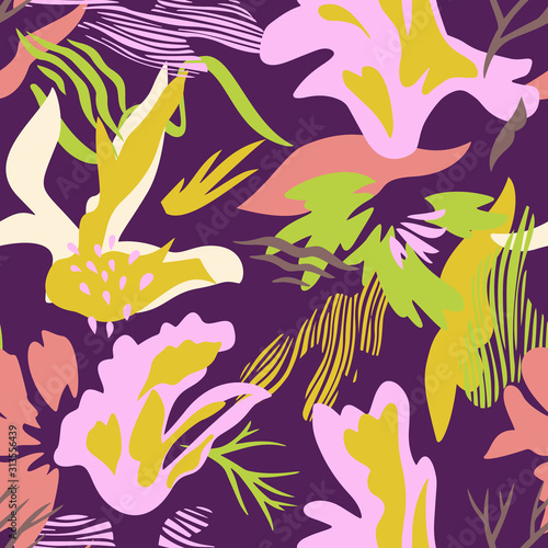 Abstract botanical seamless pattern. Flat flowers, cutout floral elements with doodles. Collage style, modern cut paper design. For fashion textile and fabric printing.