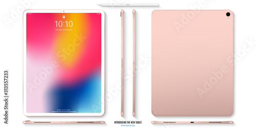 tablet rose gold color with colored touch screen front, back and side view flat lay isolated on white background. detailed and realistic mockup. stock vector illustration