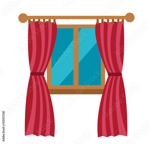 window with red curtains