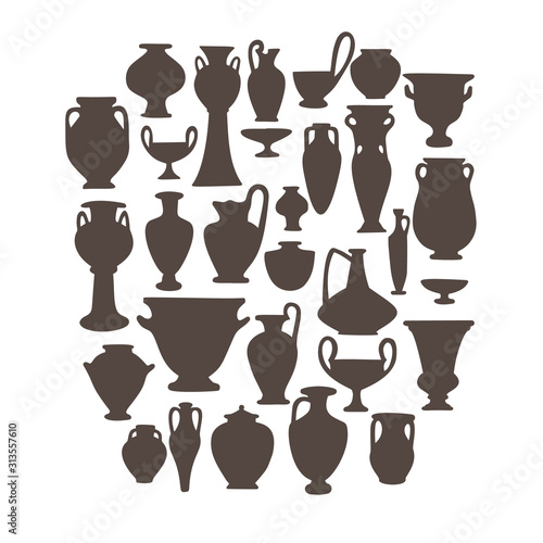Antique vases set. Collection of vintage objects crockery. Greek and roman pottery amphoras, vessels, jar, urn, pitcher for food, wine, grain and oil. Clay dishes silhouettes isolated on white.
