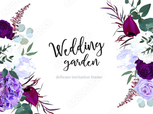 Purple and violet rose, white and deep blue hyrangea