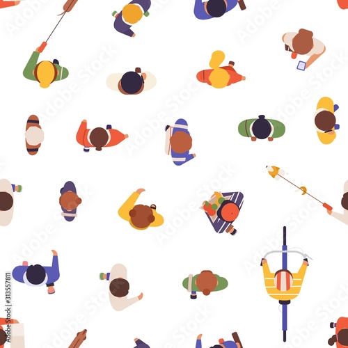 People top view vector seamless pattern. Street passers, locals, men and women from above texture. Society, crowd, urban population background. Textile, wallpaper, wrapping paper design.