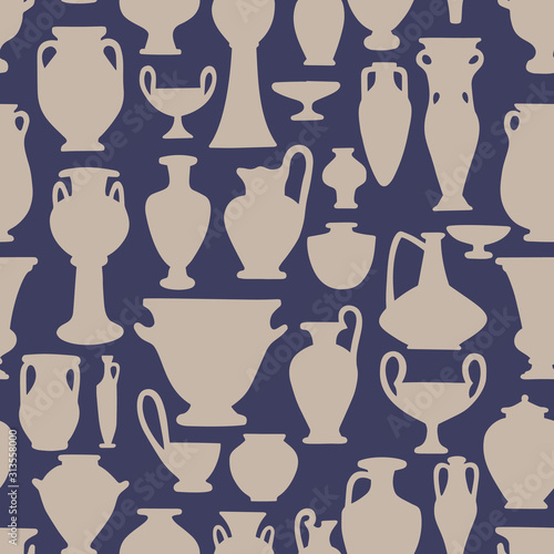 Seamless pattern with antique vases shapes and silhouettes. Vintage crockery background. Greek and roman amphoras and vessels for food, wine, grain, oil and incense.