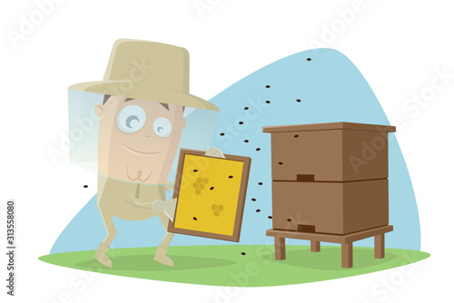 funny cartoon illustration of a beekeeper