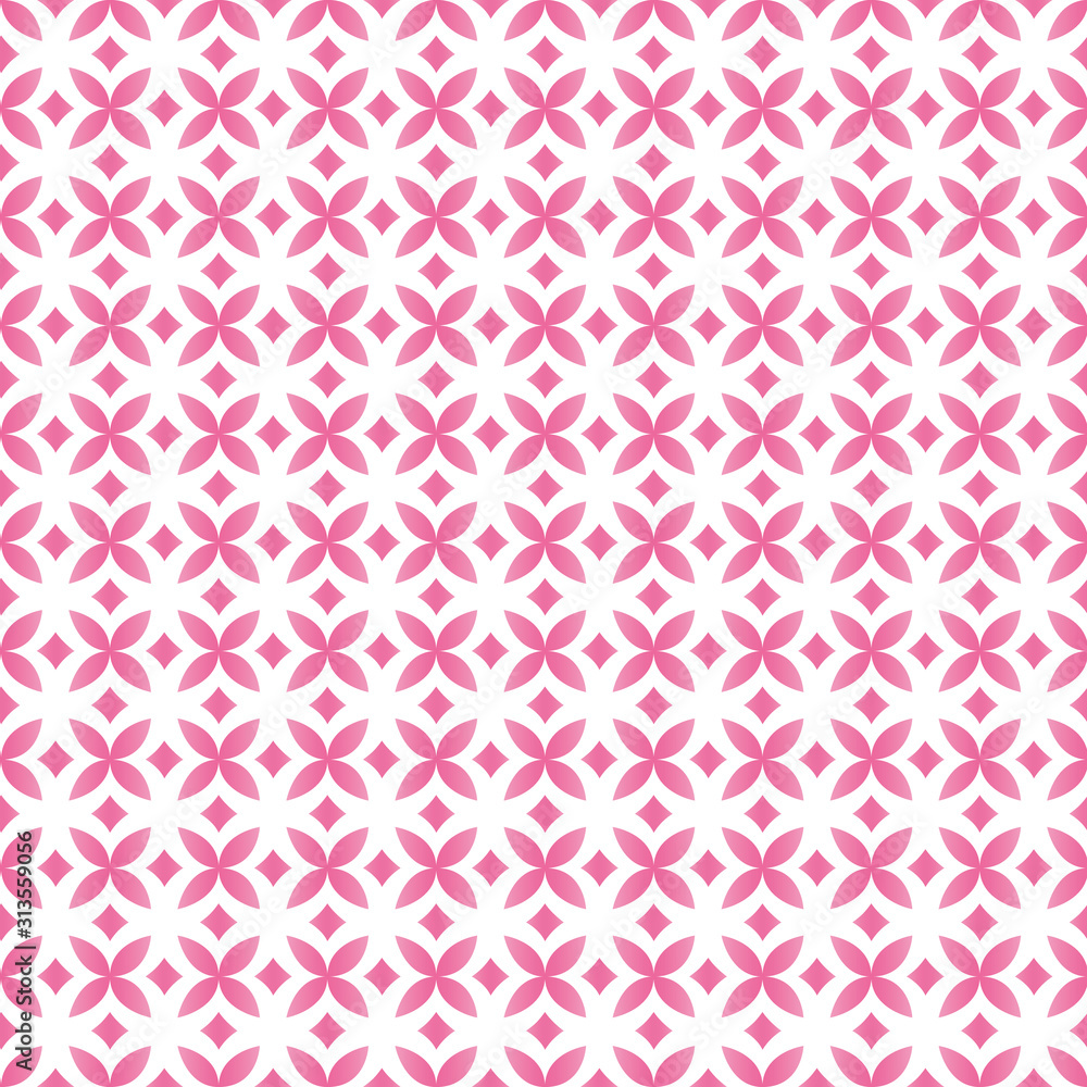 Diamond seamless geometric pattern vector. Decorative pink diamonds and flowers on isolated white background. Design for fabric, ceiling, texture, wallpaper, background, backdrop. Diamond seamless geometric pattern vector. Decorative pink diamonds and flowers on isolated white background. Design for fabric, ceiling, texture, wallpaper, background, backdrop.