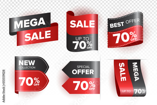 Red black ribbon sale banners isolated.