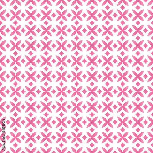 Diamond seamless geometric pattern vector. Decorative pink diamonds and flowers on isolated white background. Design for fabric, ceiling, texture, wallpaper, background, backdrop.