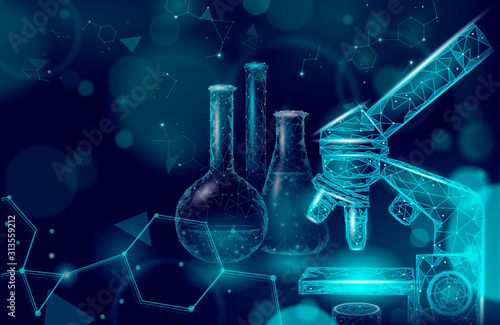 Low poly science chemical glass flasks. Scientific equipment polygonal triangle blue glowing design. Future technology microscope research. Medicine analysis concept vector illustration
