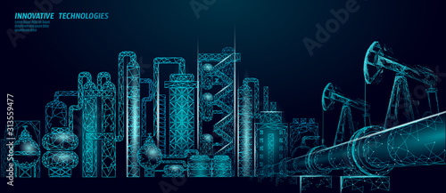 Petroleum oil refinery complex low poly business concept. Finance economy polygonal petrochemical production plant. Petroleum fuel industry will pipeline. Ecology solution blue vector illustration