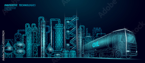 Petroleum oil refinery complex low poly business concept. Finance economy polygonal petrochemical production plant. Petroleum fuel industry truck. Ecology solution blue vector illustration