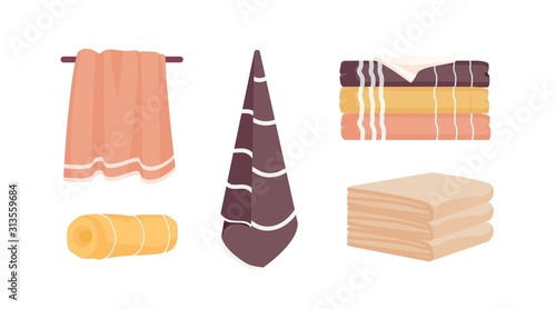 Bath towels vector illustrations set. Clean towels bundle isolated on white background. Domestic hygiene accessories, stacked rolled and hanging colorful hand towels. Household objects collection.