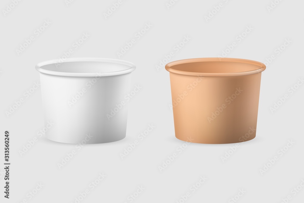 Paper cup for soup. Empty white and brown disposable tableware. Paper cup for soup. Empty white and brown disposable tableware.
